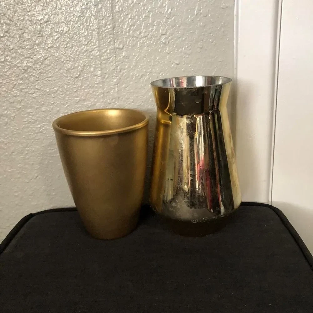 Two Gold Tone Regency MCM Vase Planters Home Decor. Measurement in pics.